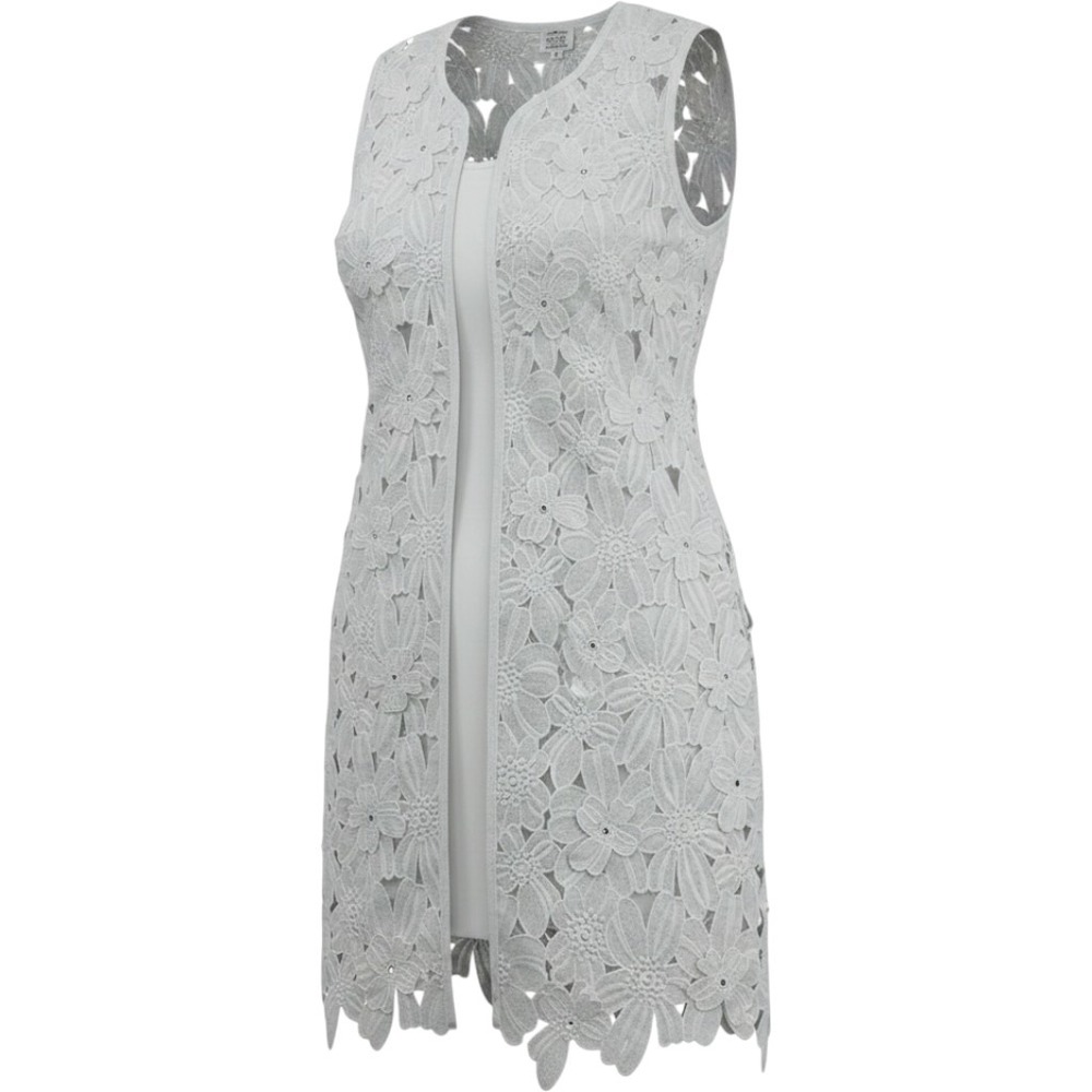 Just B Women Open Front White Floral Lace Sleeveless Cardigan Rhinestone Accent